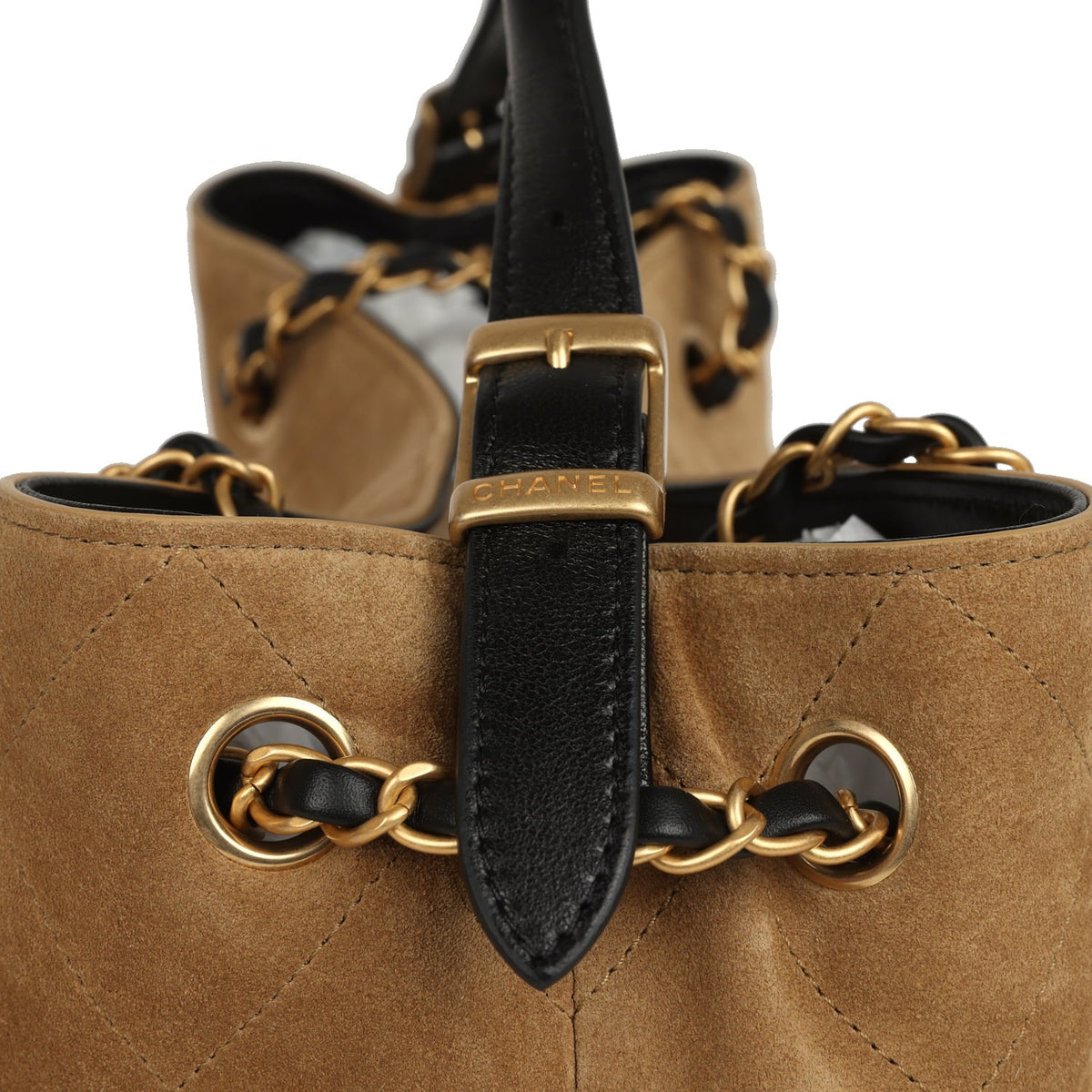 Chanel Small Coco Base Hobo Bag Brown Suede and Black Shiny Lambskin Brushed Gold Hardware