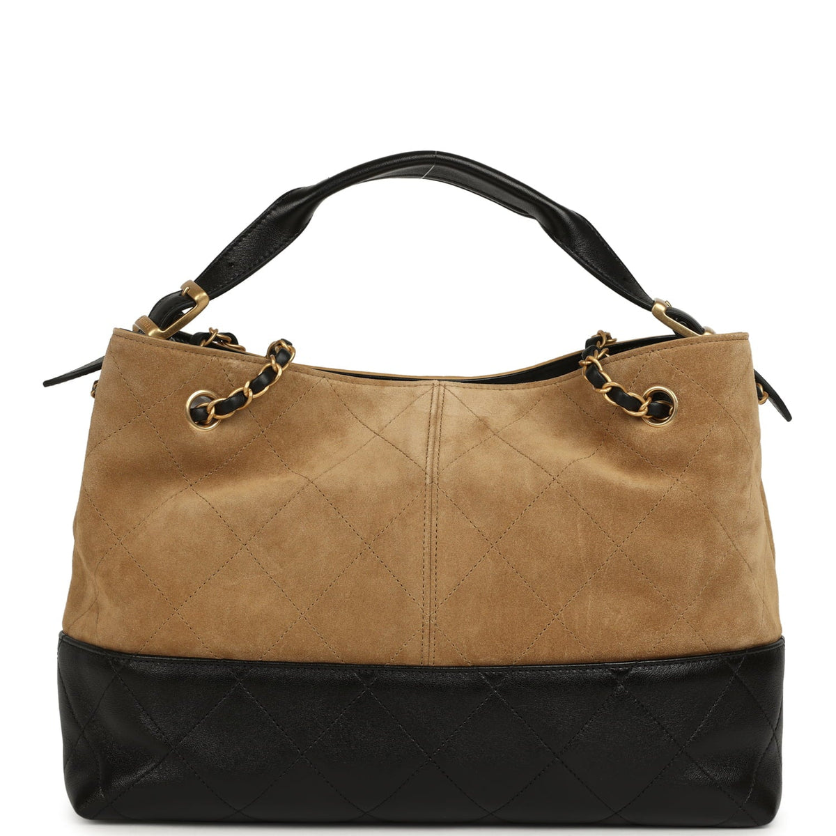 Chanel Small Coco Base Hobo Bag Brown Suede and Black Shiny Lambskin Brushed Gold Hardware