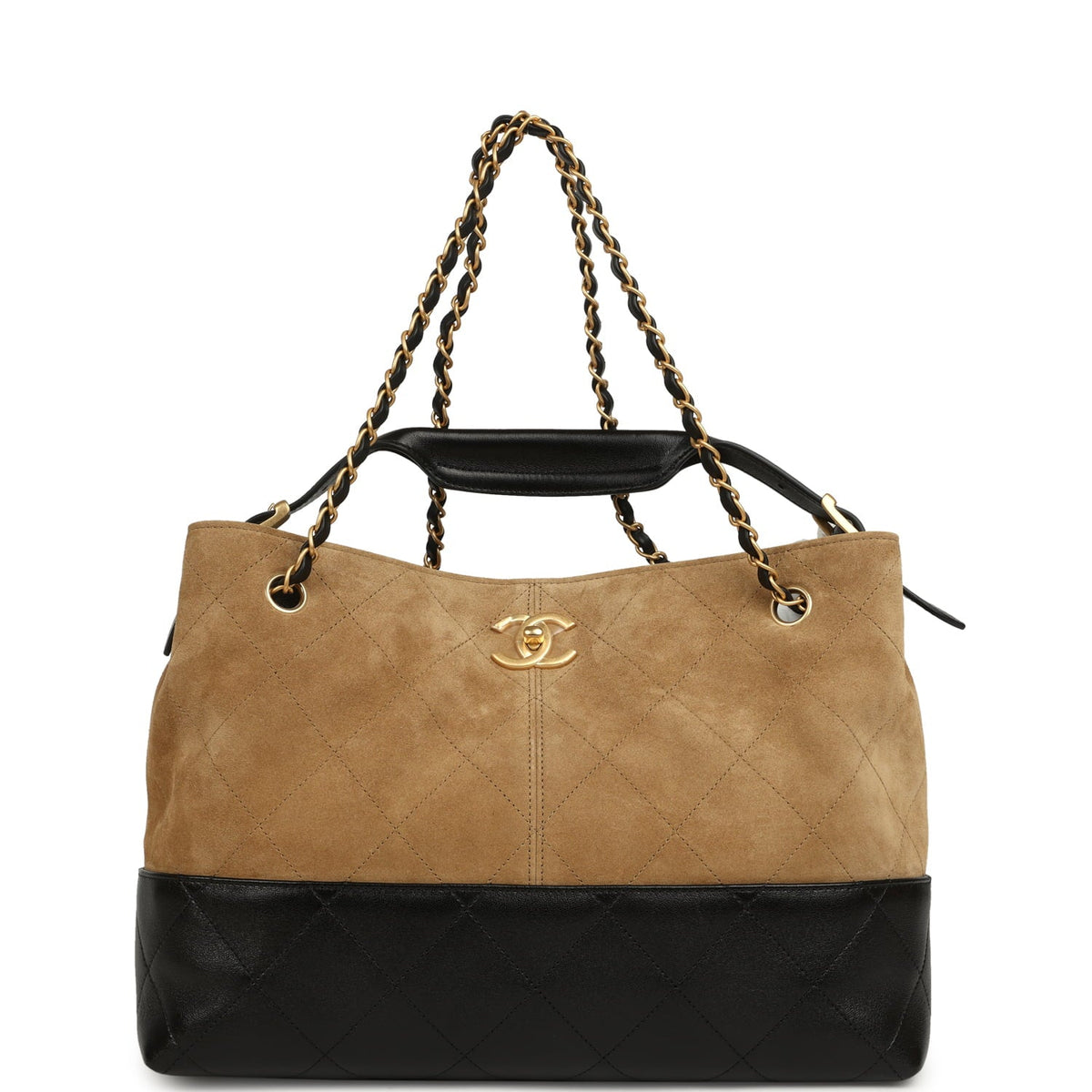 Chanel Small Coco Base Hobo Bag Brown Suede and Black Shiny Lambskin Brushed Gold Hardware