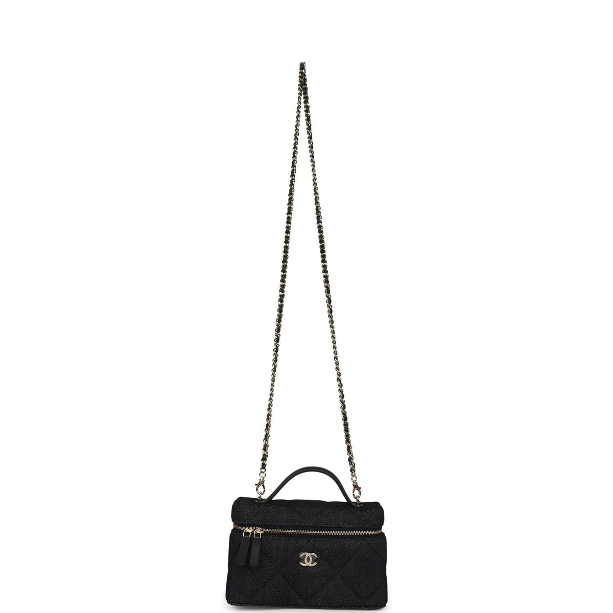 Chanel Top Handle Long Vanity Case with Chain Dark Blue Denim Light Gold Hardware
