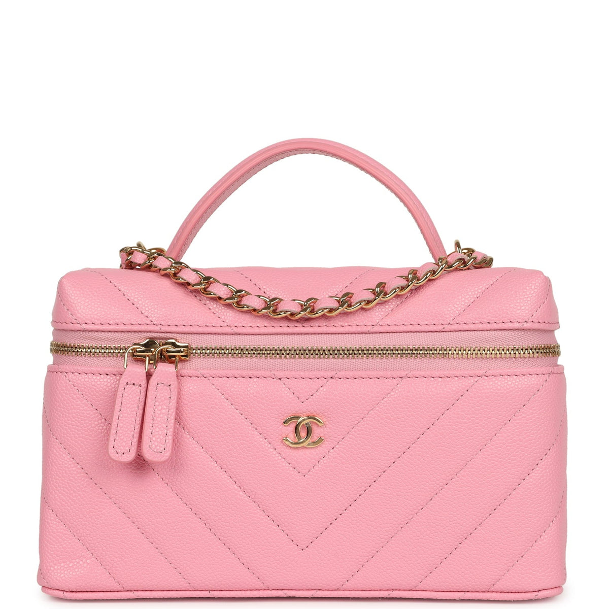 Chanel Sleek Chevron Top Handle Long Vanity Case with Chain Pink Shiny Caviar Gold Hardware