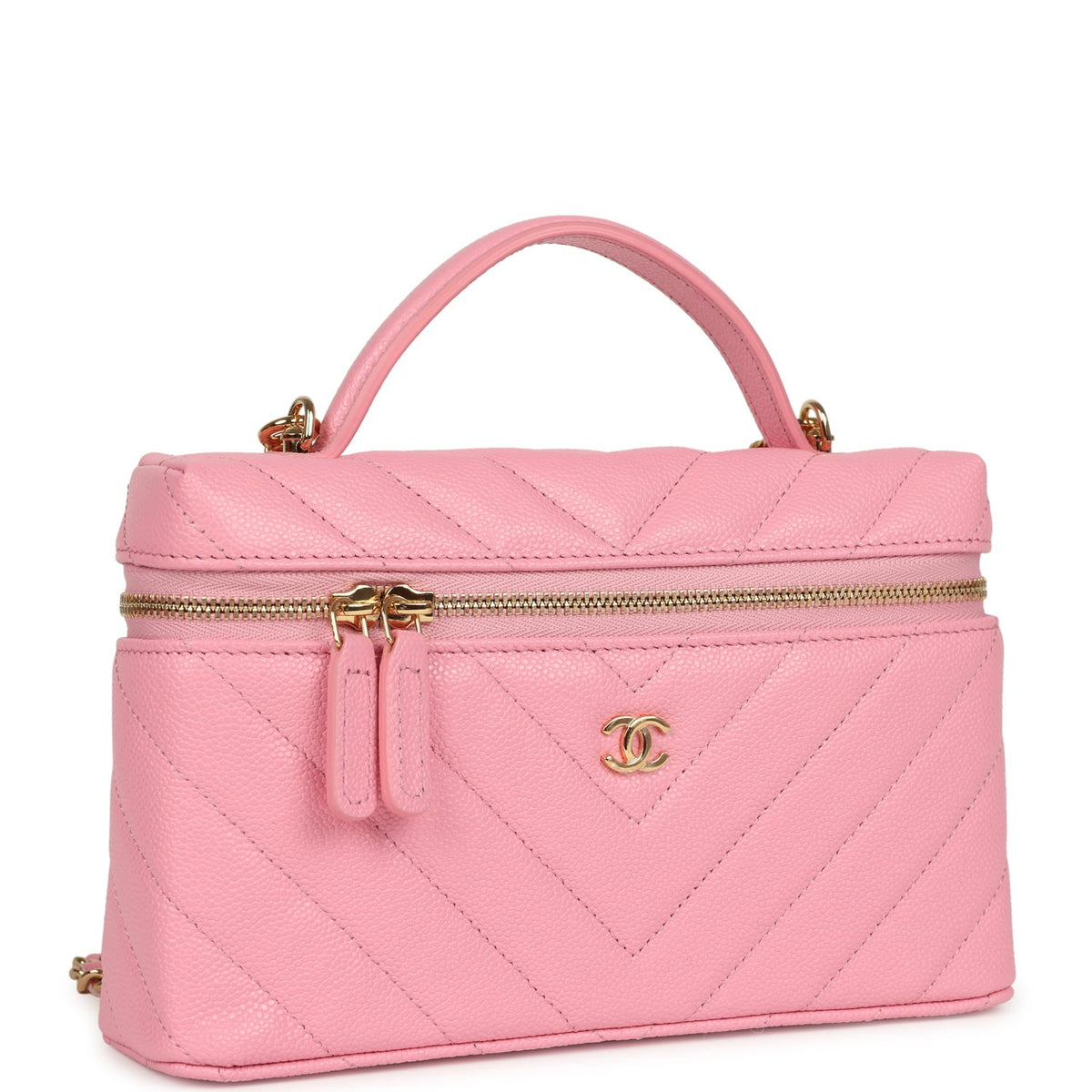 Chanel Sleek Chevron Top Handle Long Vanity Case with Chain Pink Shiny Caviar Gold Hardware