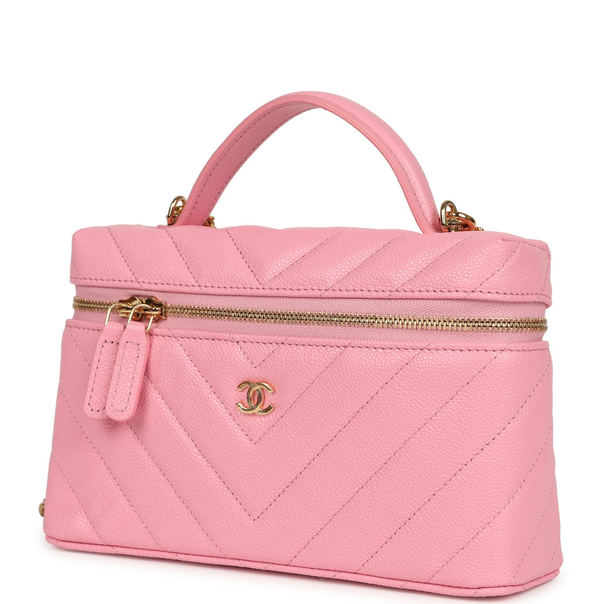 Chanel Sleek Chevron Top Handle Long Vanity Case with Chain Pink Shiny Caviar Gold Hardware