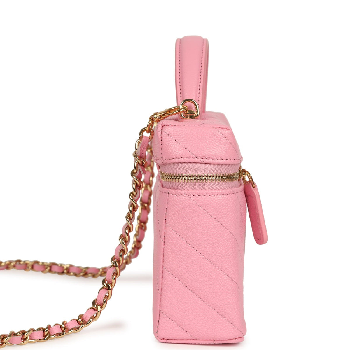 Chanel Sleek Chevron Top Handle Long Vanity Case with Chain Pink Shiny Caviar Gold Hardware