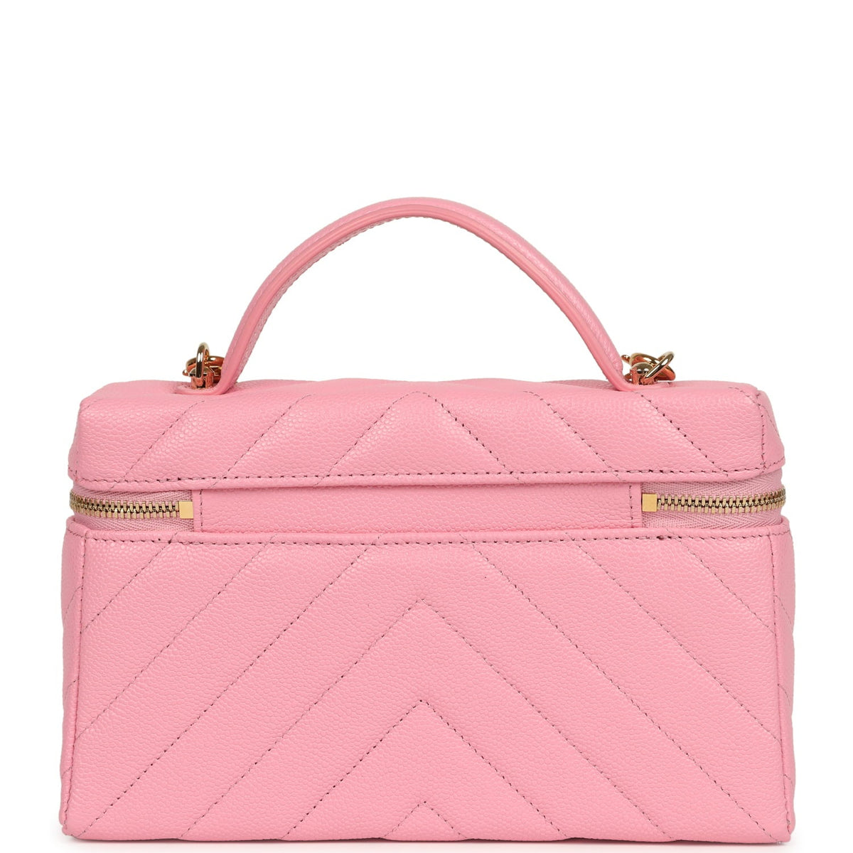 Chanel Sleek Chevron Top Handle Long Vanity Case with Chain Pink Shiny Caviar Gold Hardware