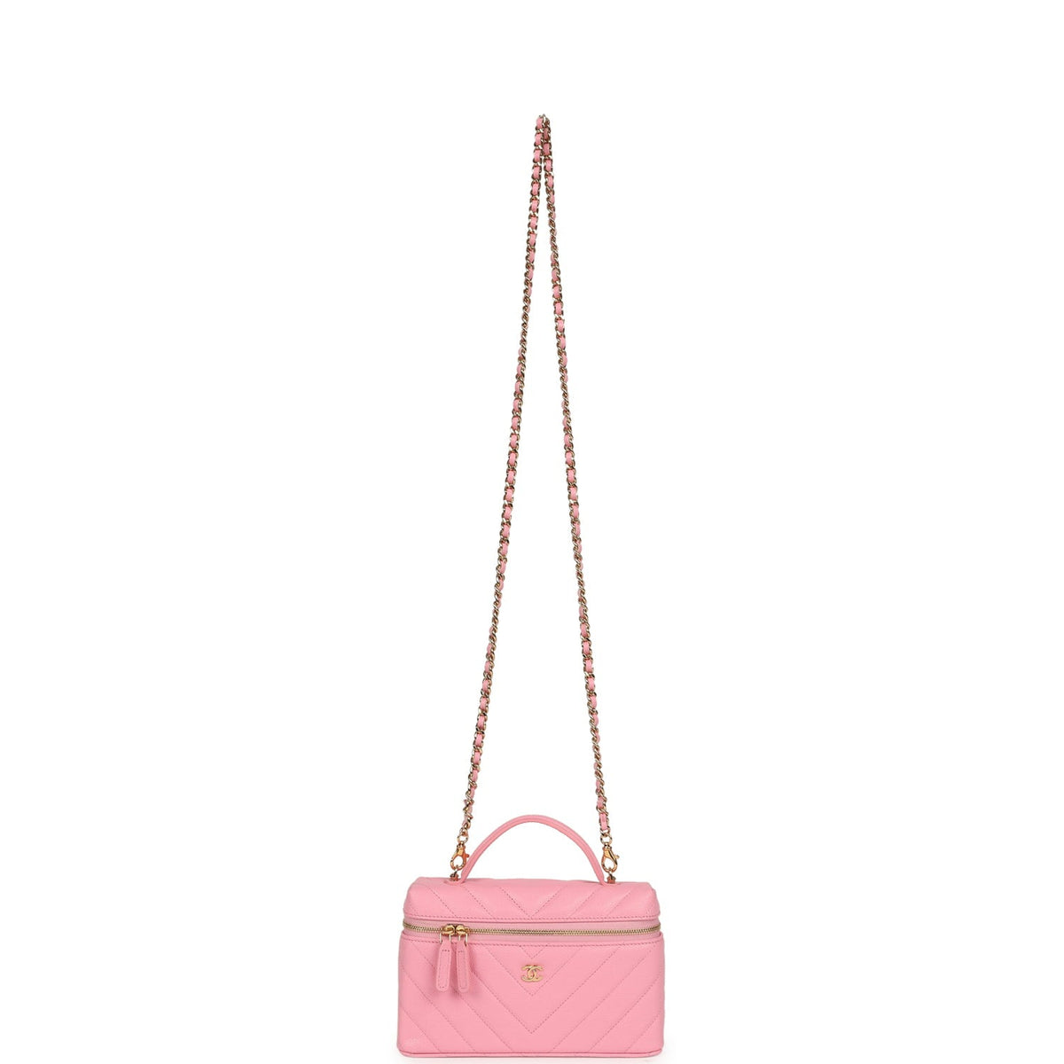 Chanel Sleek Chevron Top Handle Long Vanity Case with Chain Pink Shiny Caviar Gold Hardware