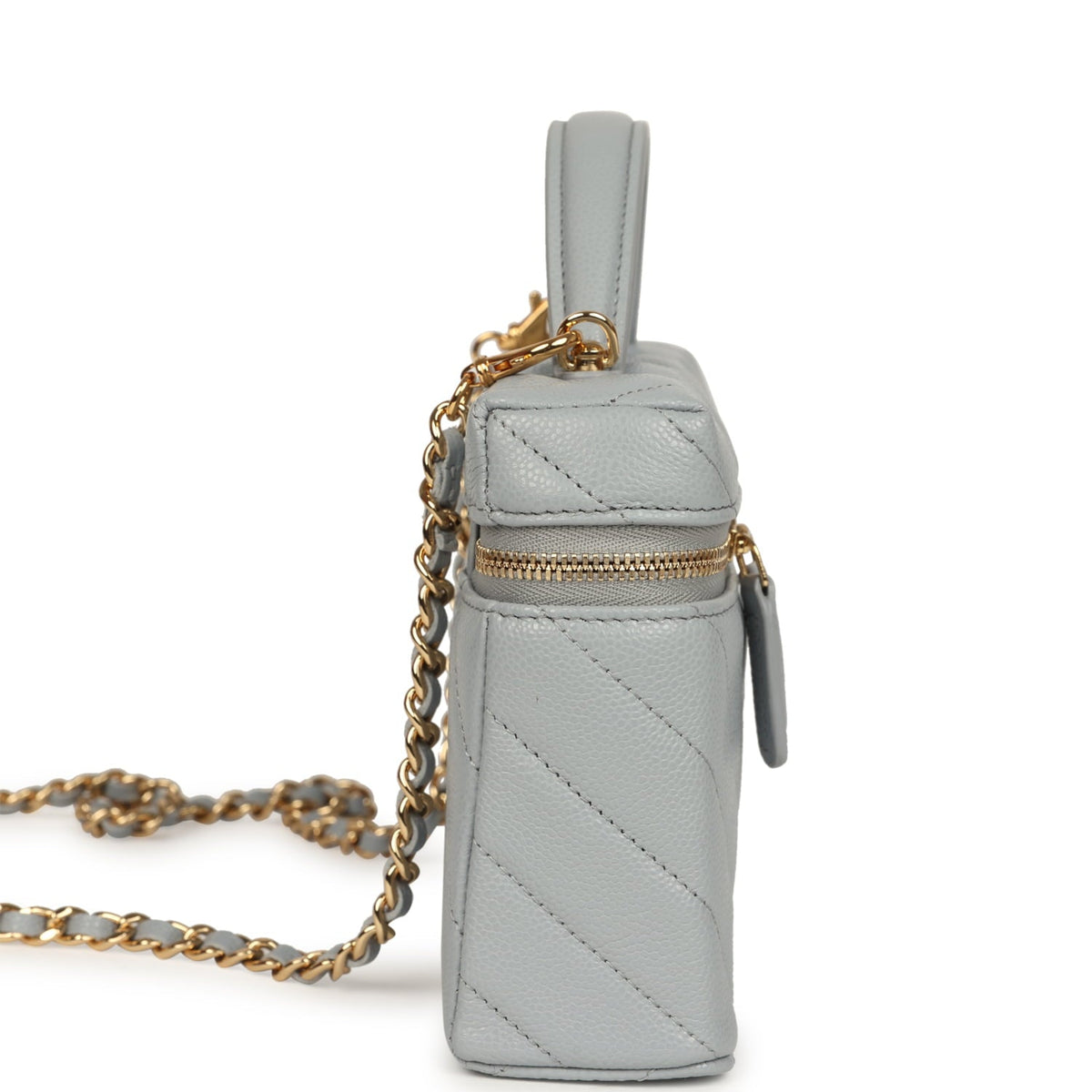 Chanel Chevron Top Handle Long Vanity Case with Chain Grey Shiny Caviar Gold Hardware
