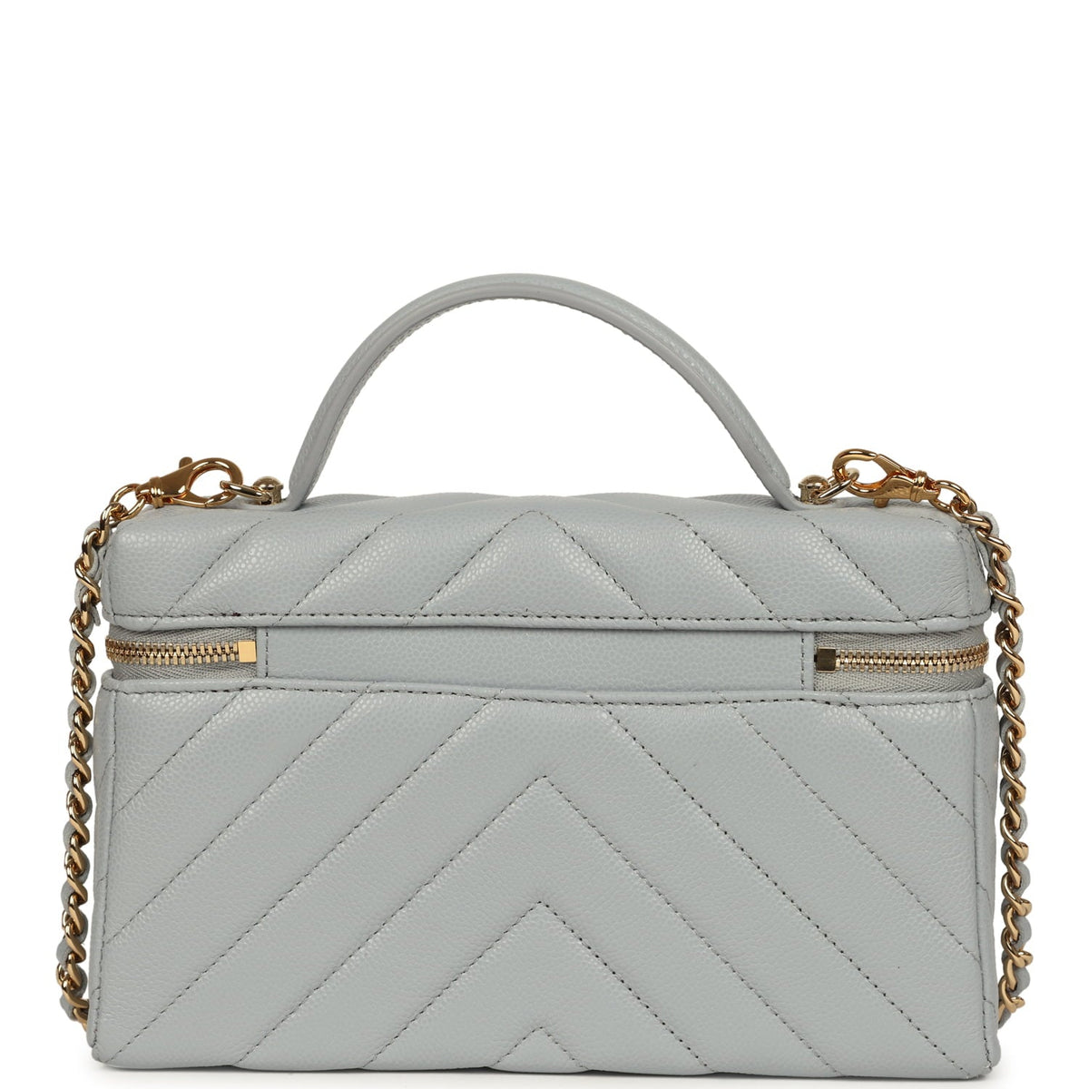 Chanel Chevron Top Handle Long Vanity Case with Chain Grey Shiny Caviar Gold Hardware