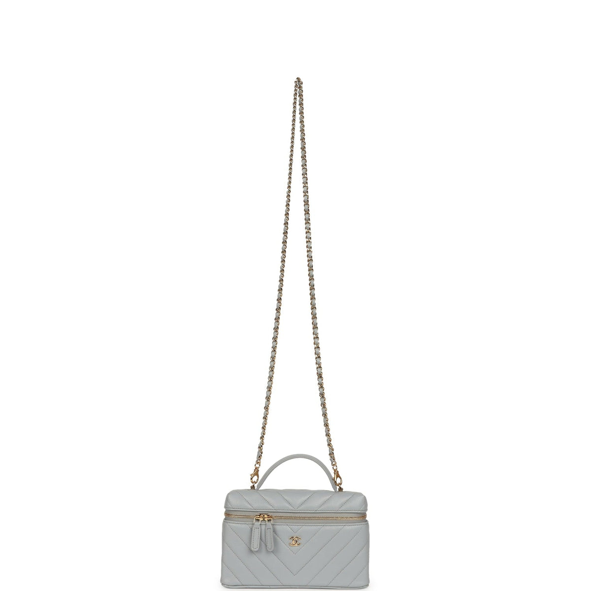 Chanel Chevron Top Handle Long Vanity Case with Chain Grey Shiny Caviar Gold Hardware