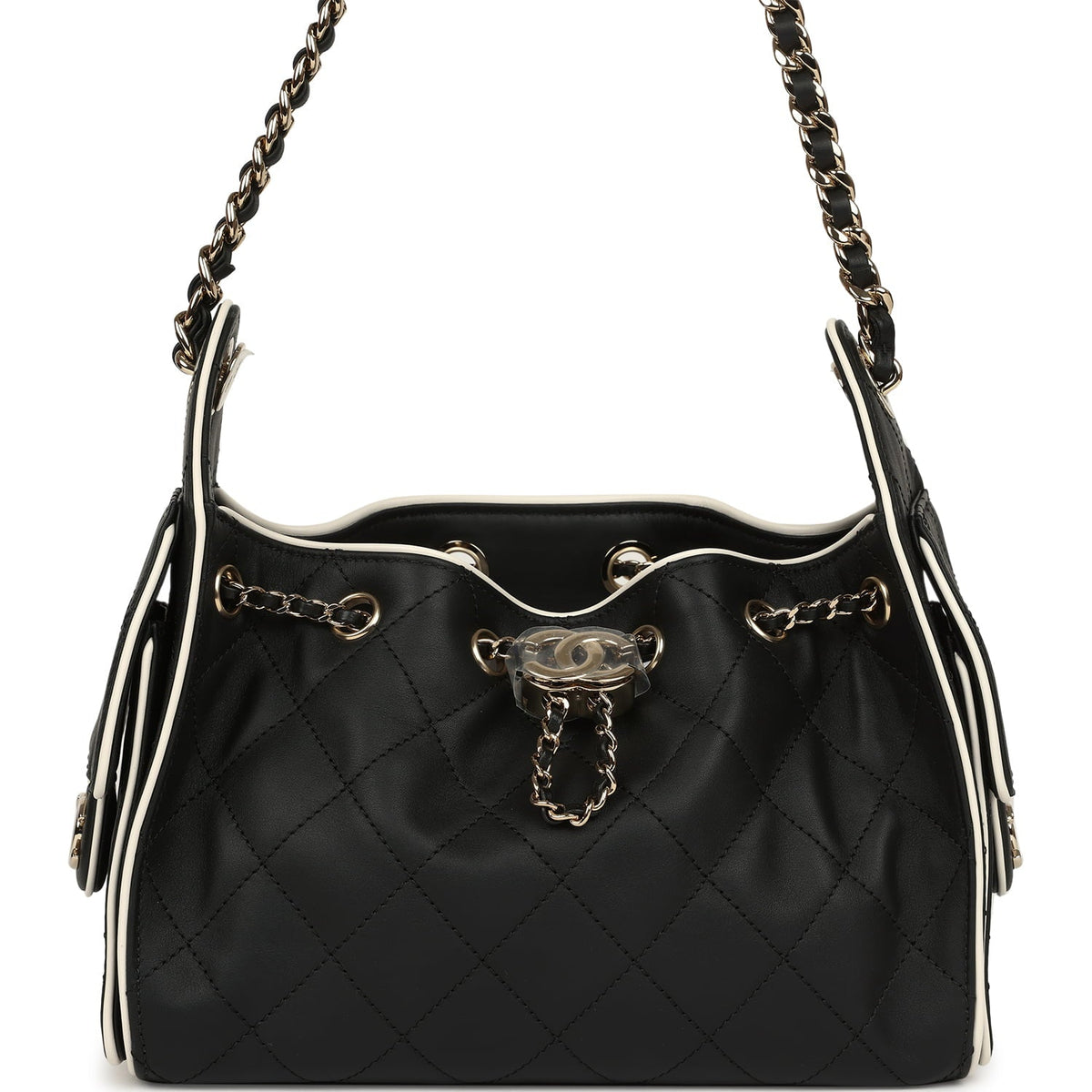 Chanel Mini 25 Hobo Bag Black and White Calfskin Light Gold Hardware