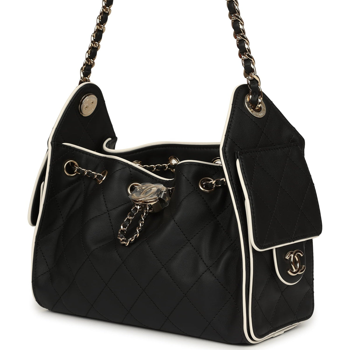 Chanel Mini 25 Hobo Bag Black and White Calfskin Light Gold Hardware