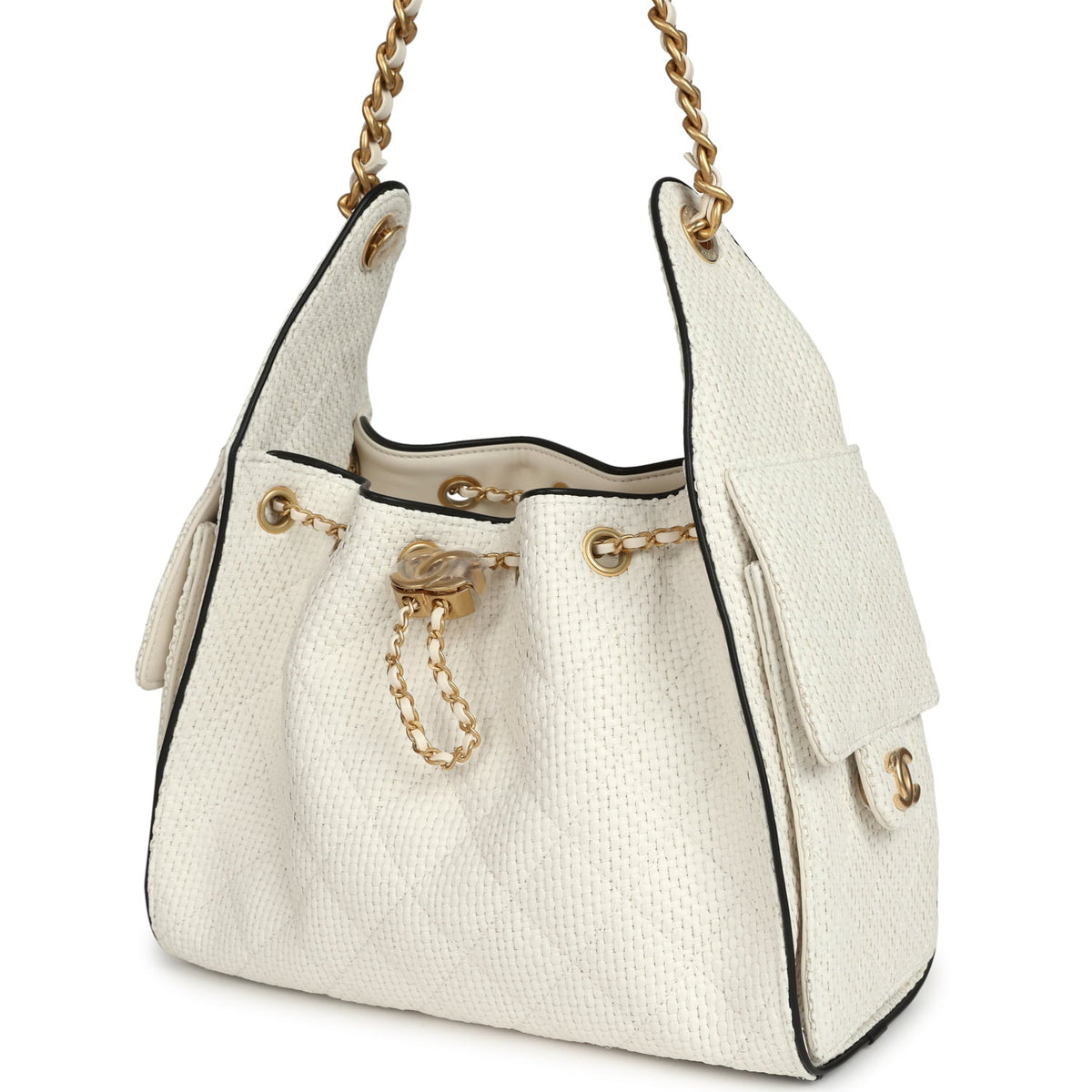 Chanel Small 25 Hobo Bag White Raffia and Black Calfskin Antique Gold Hardware
