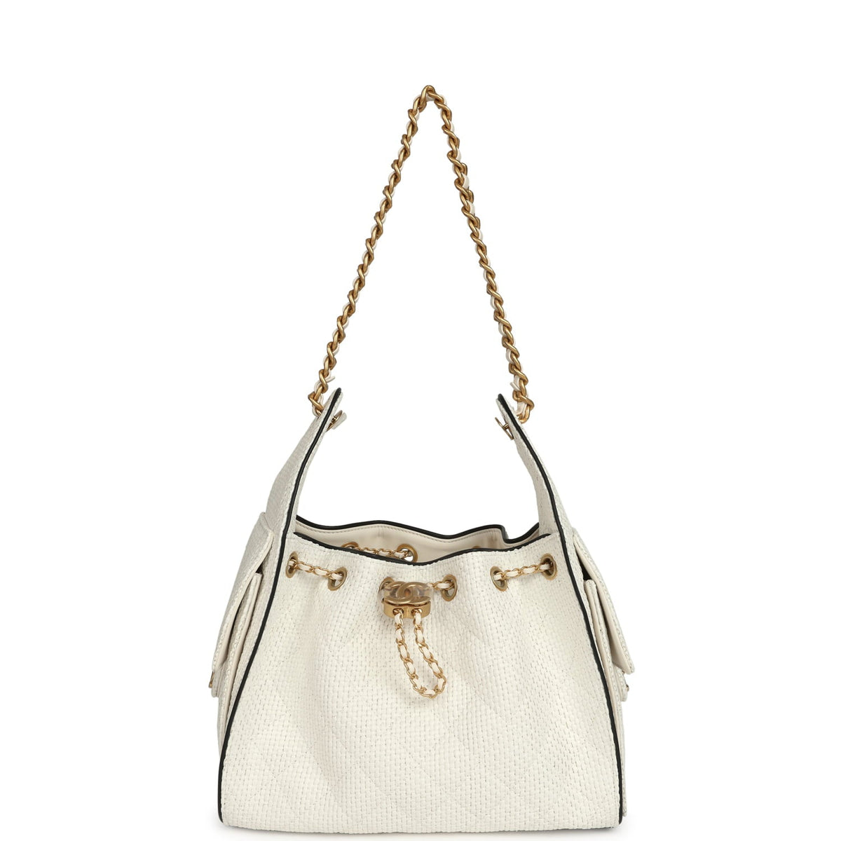 Chanel Small 25 Hobo Bag White Raffia and Black Calfskin Antique Gold Hardware