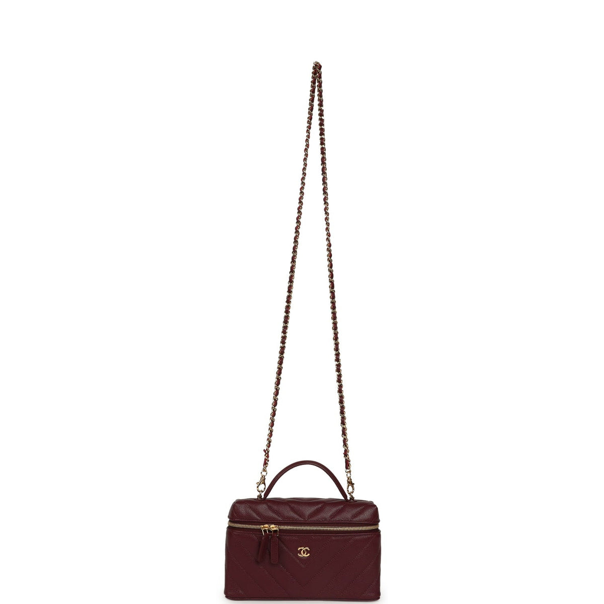 Chanel Chevron Top Handle Long Vanity Case with Chain Dark Burgundy Shiny Caviar Gold Hardware