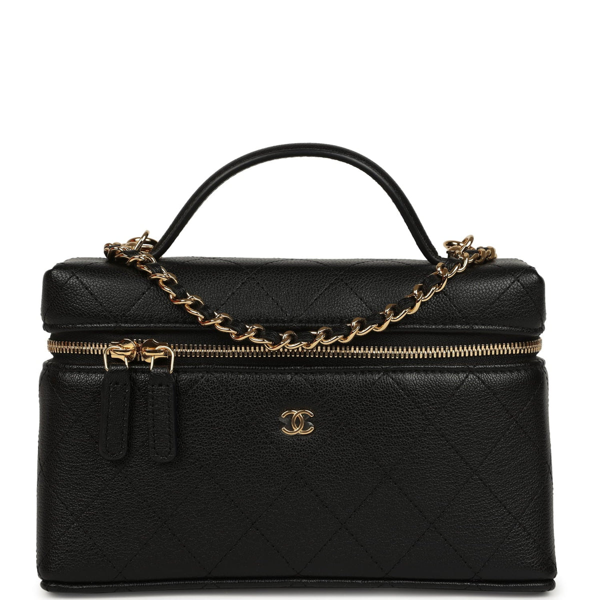 Chanel Top Handle Long Vanity Case with Chain Black Grained Goatskin Gold Hardware
