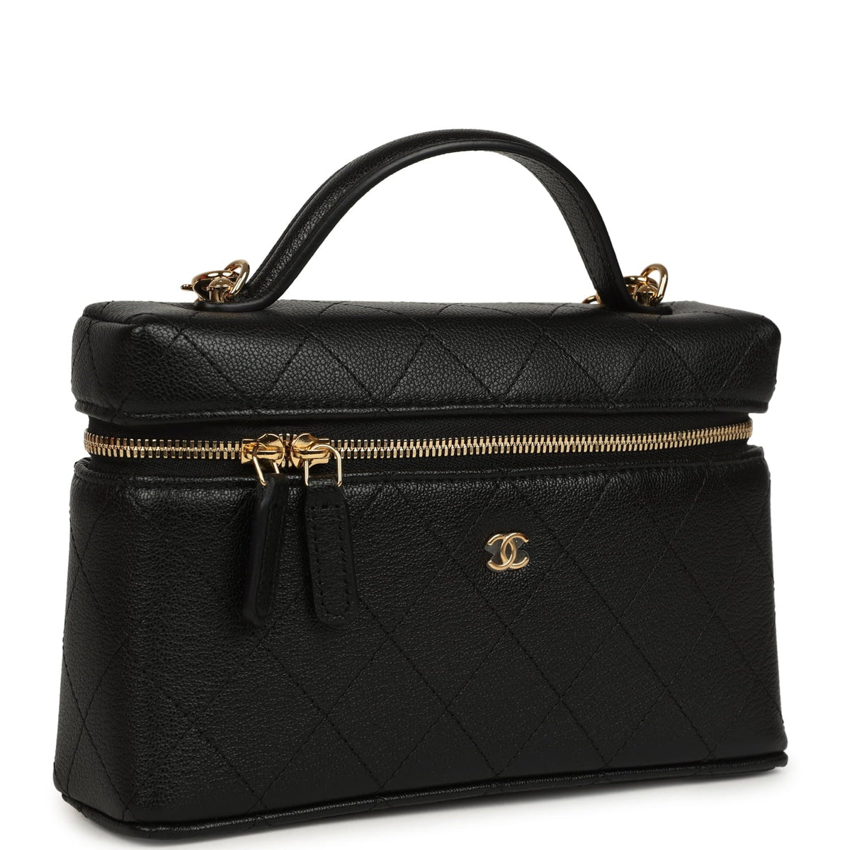 Chanel Top Handle Long Vanity Case with Chain Black Grained Goatskin Gold Hardware