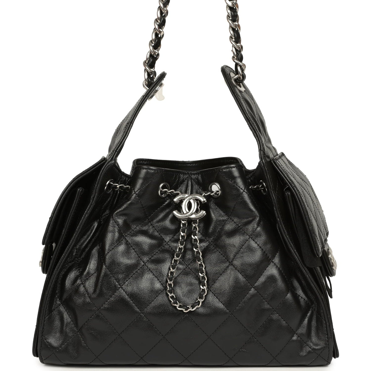 Chanel Small 25 Hobo Bag Black Shiny Aged Crumpled Calfskin Silver Hardware