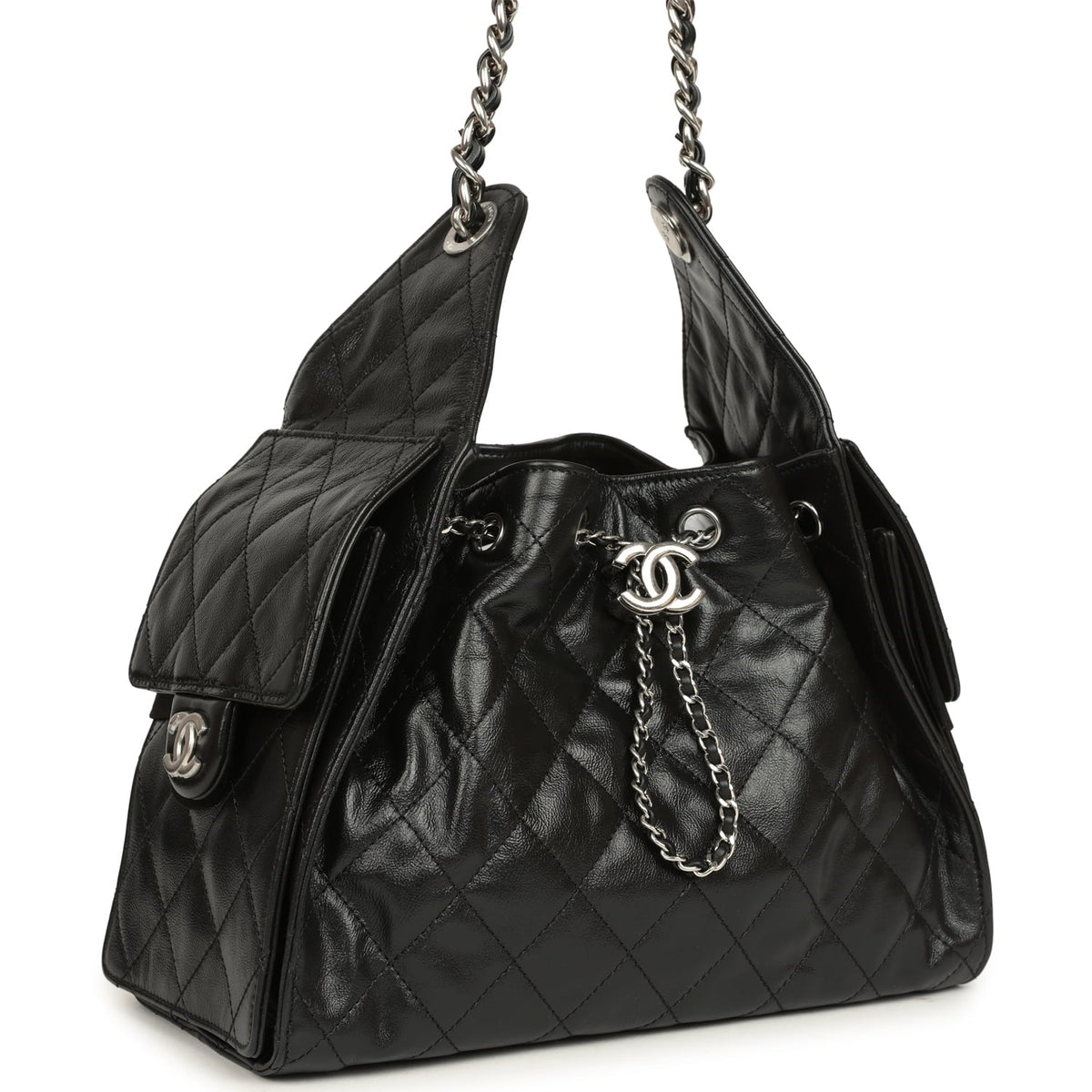 Chanel Small 25 Hobo Bag Black Shiny Aged Crumpled Calfskin Silver Hardware
