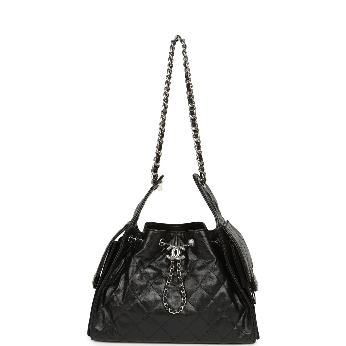 Chanel Small 25 Hobo Bag Black Shiny Aged Crumpled Calfskin Silver Hardware