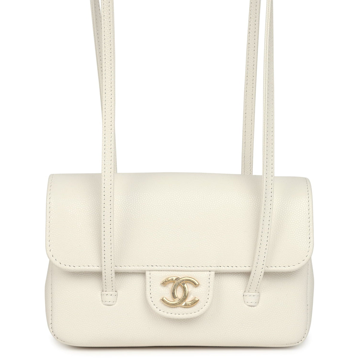 Chanel Mini Preppy Coco Clutch with Straps White Shiny Caviar Brushed Gold Hardware