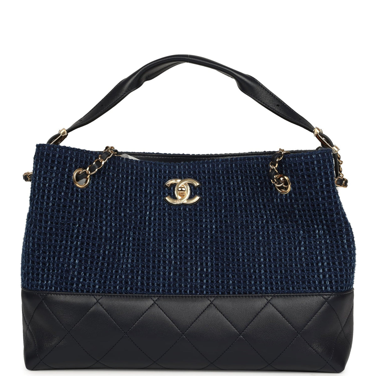 Chanel Small Coco Base Hobo Bag Blue Denim Tweed and Navy Blue Shiny Lambskin Gold Hardware