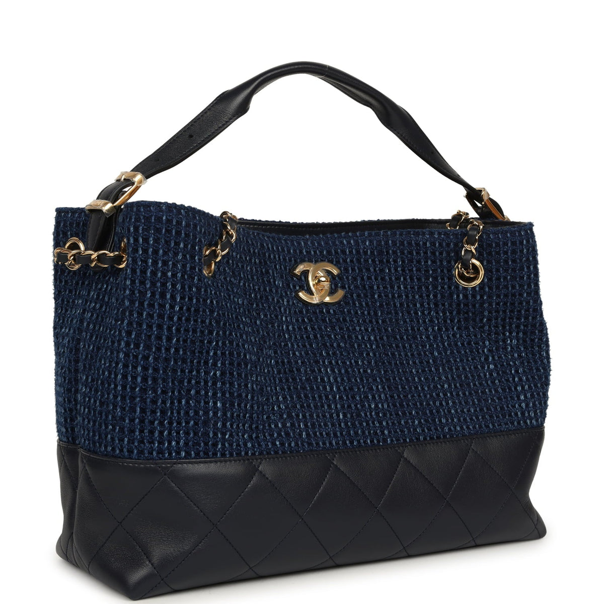 Chanel Small Coco Base Hobo Bag Blue Denim Tweed and Navy Blue Shiny Lambskin Gold Hardware