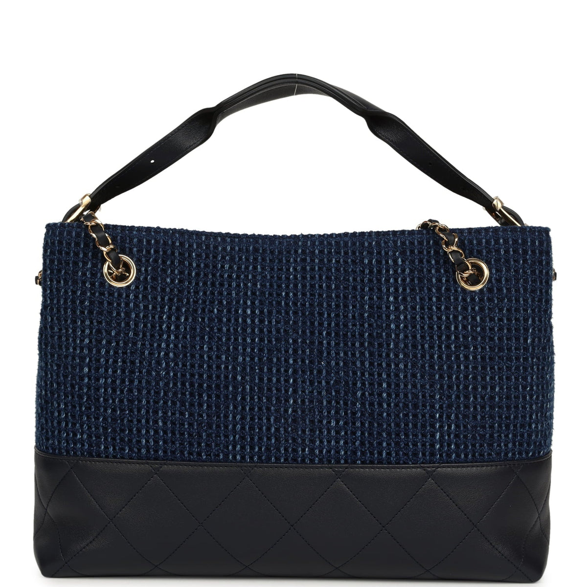 Chanel Small Coco Base Hobo Bag Blue Denim Tweed and Navy Blue Shiny Lambskin Gold Hardware