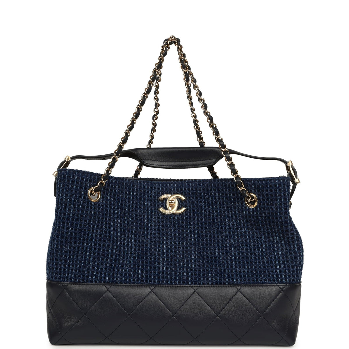Chanel Small Coco Base Hobo Bag Blue Denim Tweed and Navy Blue Shiny Lambskin Gold Hardware