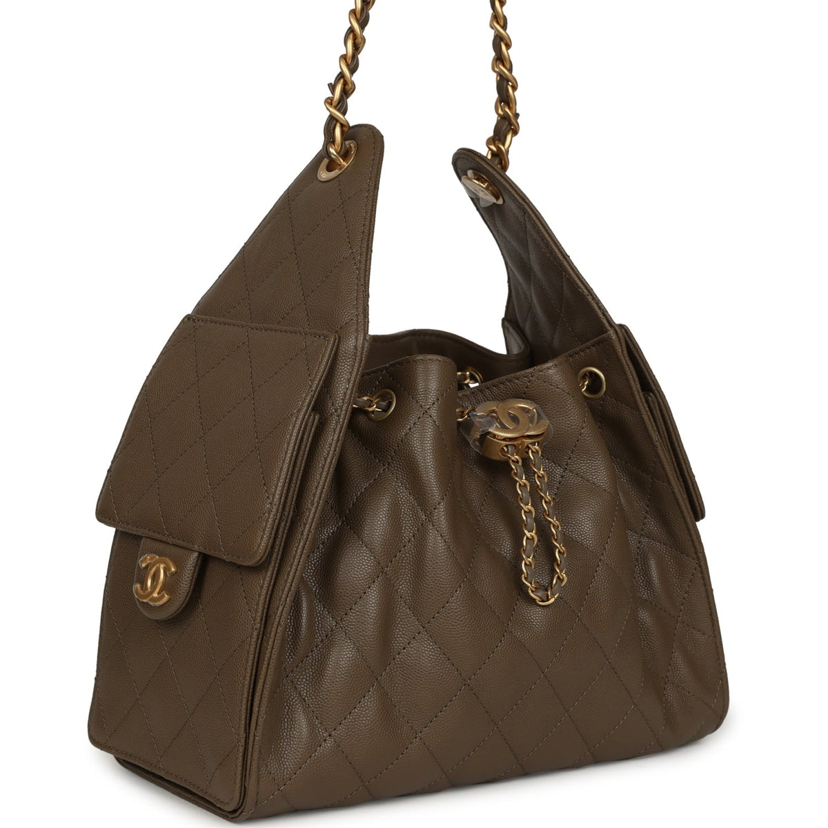 Chanel Small 25 Hobo Bag Dark Khaki Caviar Antique Gold Hardware