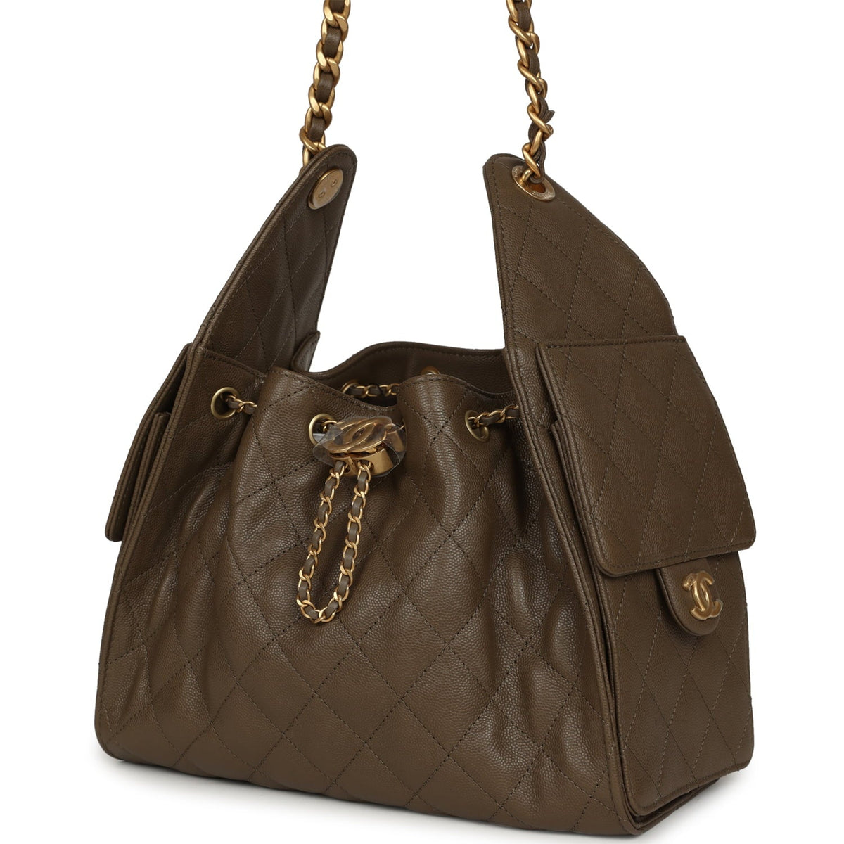 Chanel Small 25 Hobo Bag Dark Khaki Caviar Antique Gold Hardware