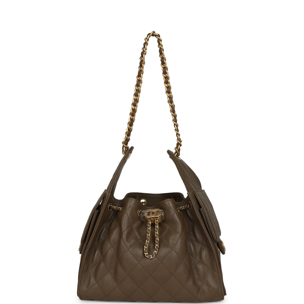 Chanel Small 25 Hobo Bag Dark Khaki Caviar Antique Gold Hardware