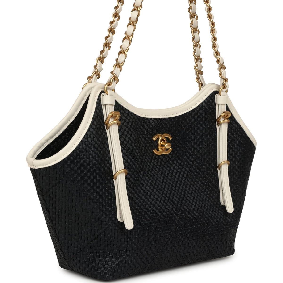 Chanel Small Coco Shopping Bag Black Raffia and White Calfskin Antique Gold Hardware