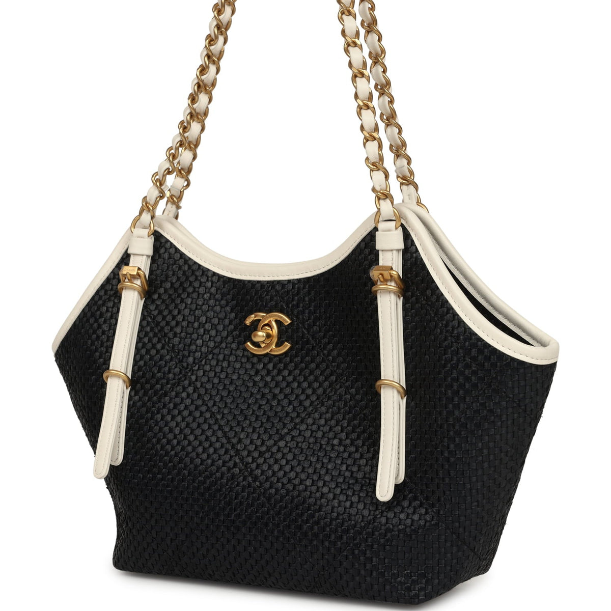 Chanel Small Coco Shopping Bag Black Raffia and White Calfskin Antique Gold Hardware