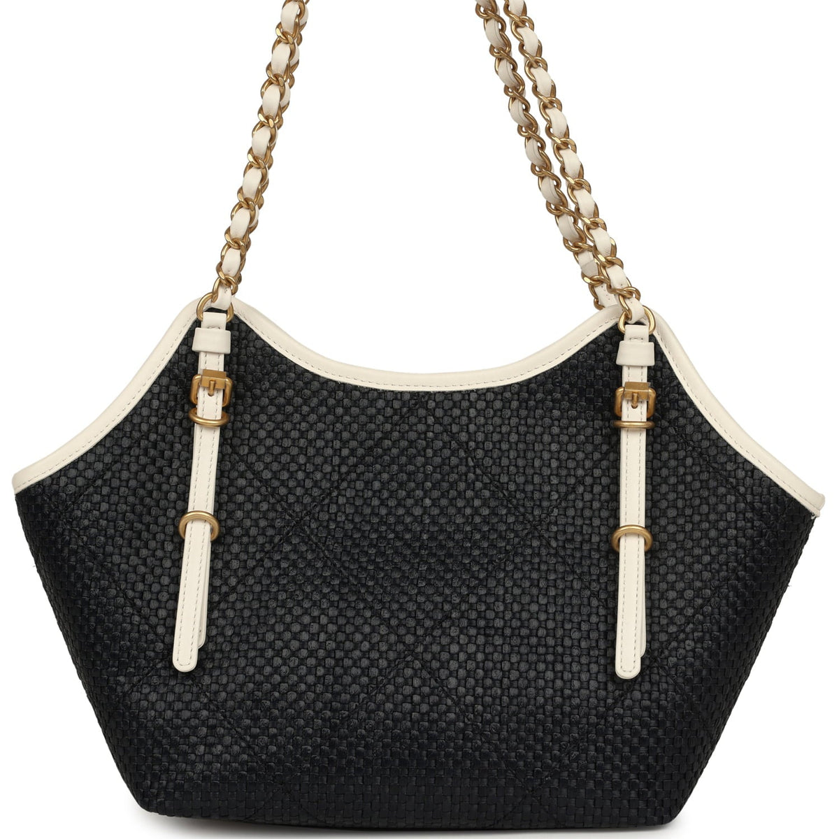 Chanel Small Coco Shopping Bag Black Raffia and White Calfskin Antique Gold Hardware