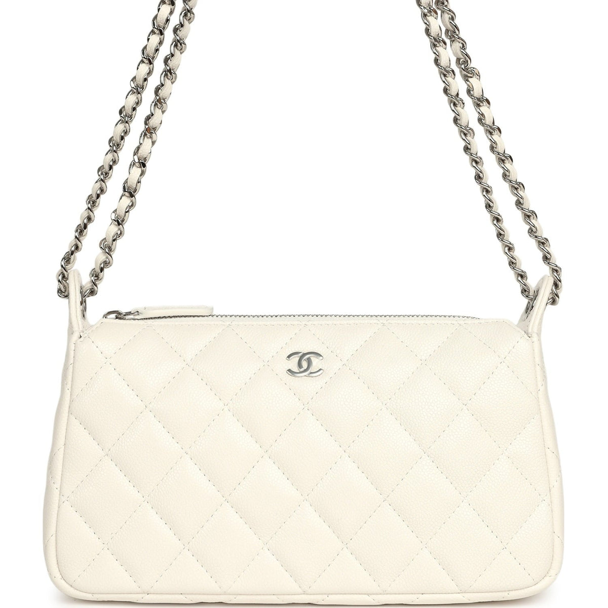 Chanel Small Quilted Clutch Bag with Chain Strap White Caviar Silver Hardware