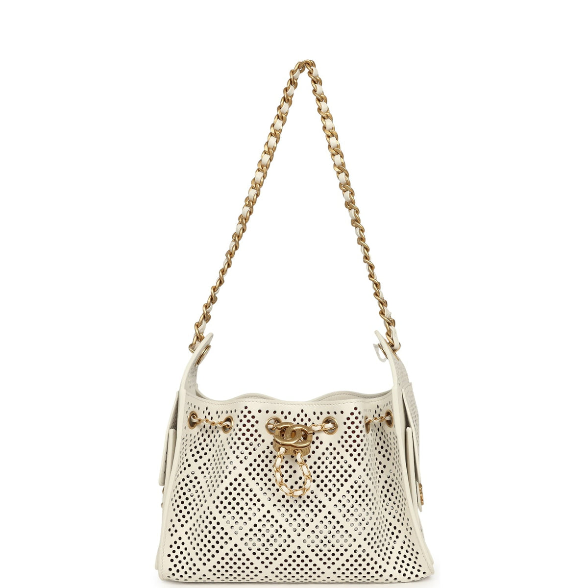 Chanel Mini 25 Hobo Bag White Perforated Calfskin Antique Gold Hardware
