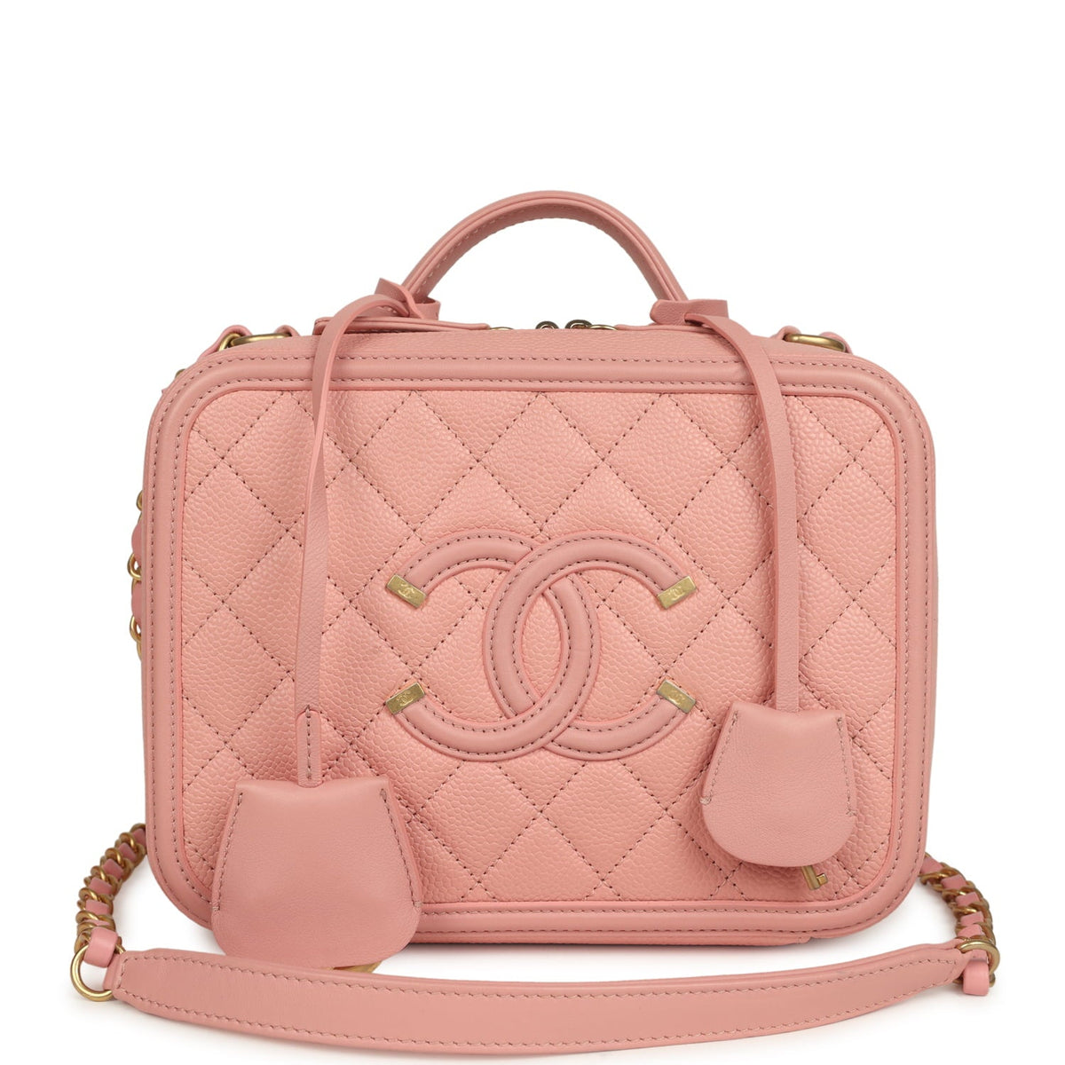 Pre-owned Chanel Medium CC Filigree Vanity Case Pink Caviar Brushed Gold Hardware