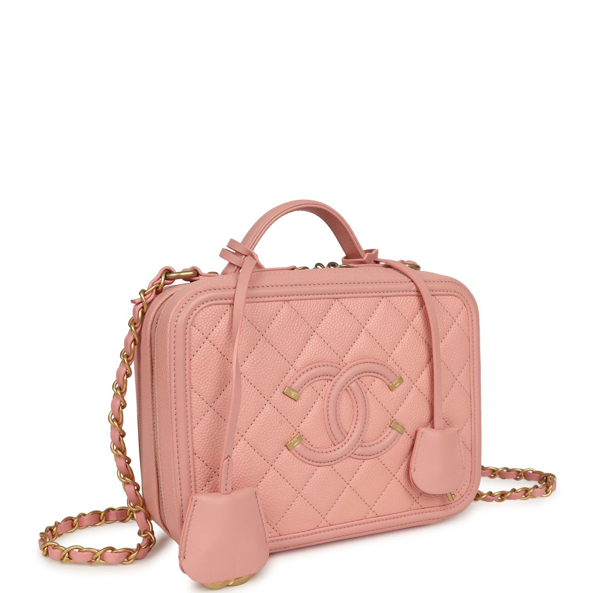 Pre-owned Chanel Medium CC Filigree Vanity Case Pink Caviar Brushed Gold Hardware
