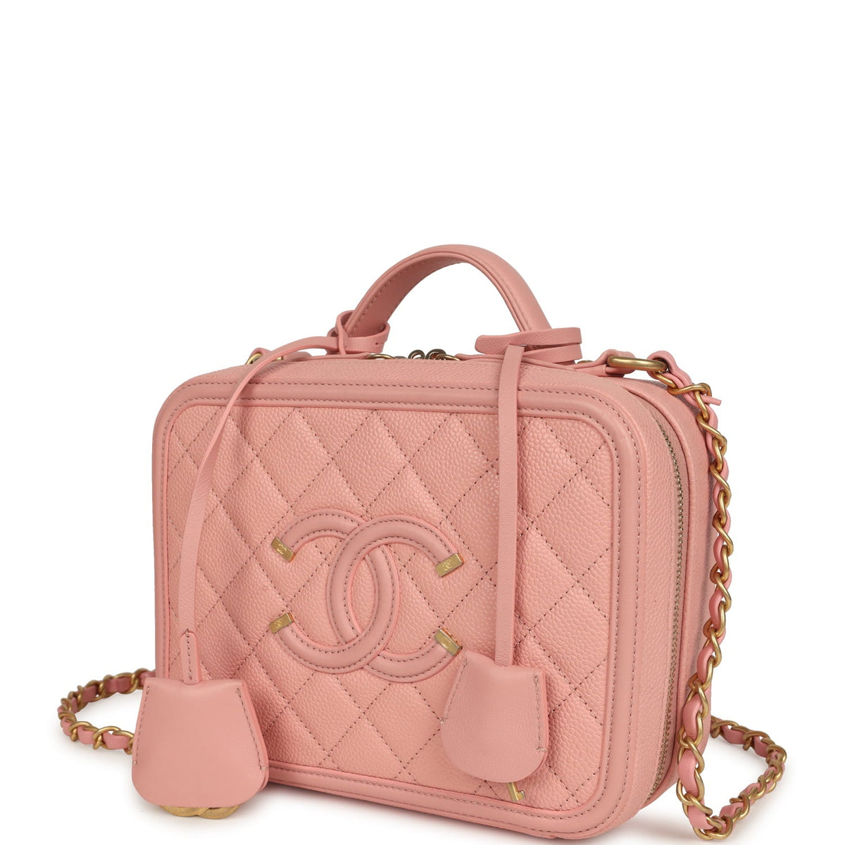 Pre-owned Chanel Medium CC Filigree Vanity Case Pink Caviar Brushed Gold Hardware