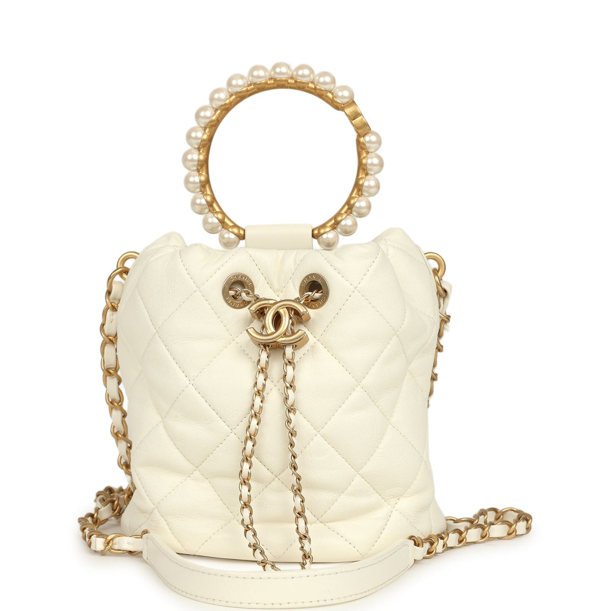 Pre-owned Chanel Mini Pearl Top Handle Bucket Bag White Calfskin Antique Gold Hardware