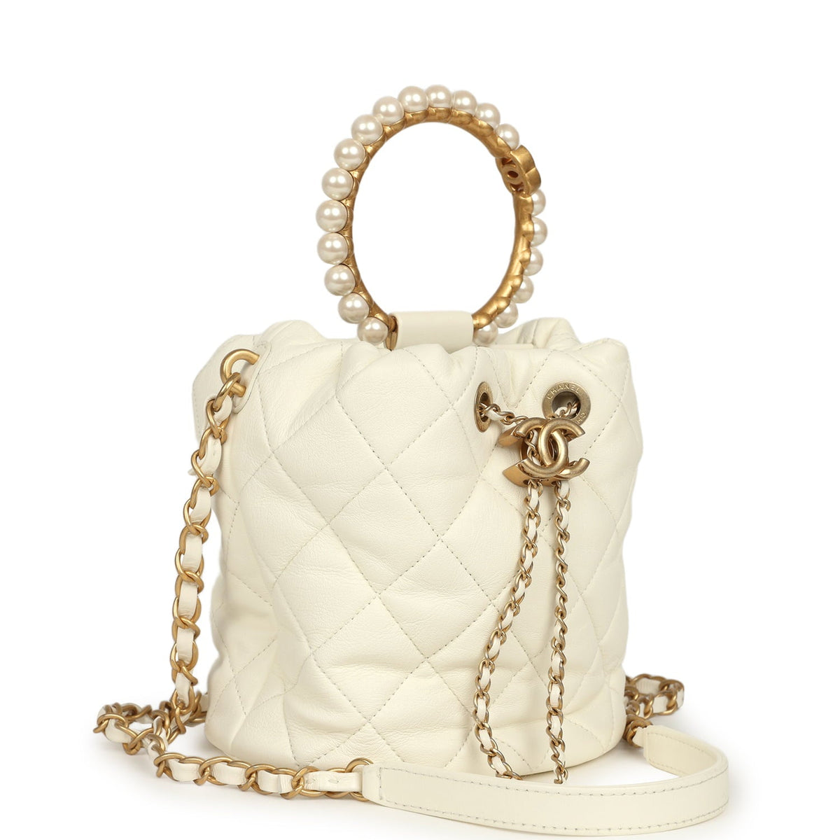 Pre-owned Chanel Mini Pearl Top Handle Bucket Bag White Calfskin Antique Gold Hardware