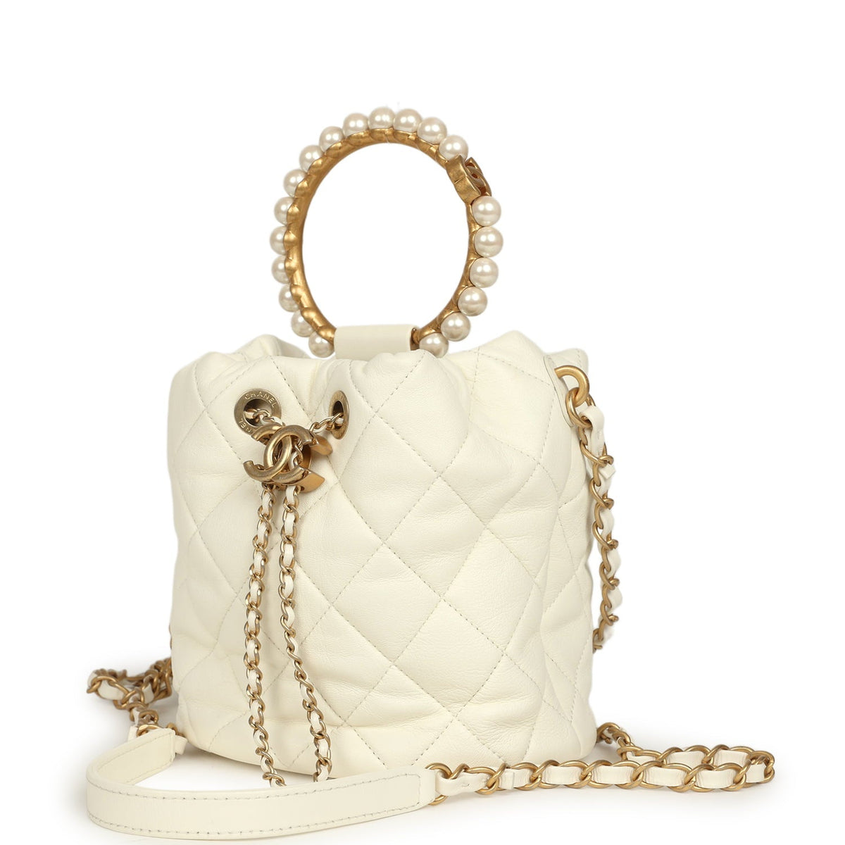 Pre-owned Chanel Mini Pearl Top Handle Bucket Bag White Calfskin Antique Gold Hardware