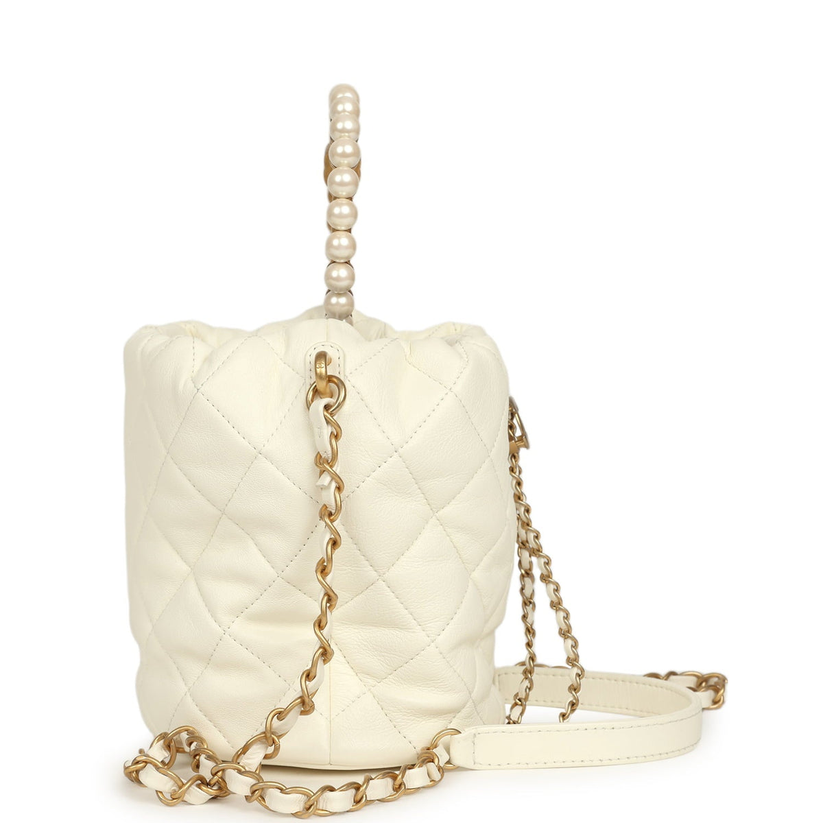 Pre-owned Chanel Mini Pearl Top Handle Bucket Bag White Calfskin Antique Gold Hardware