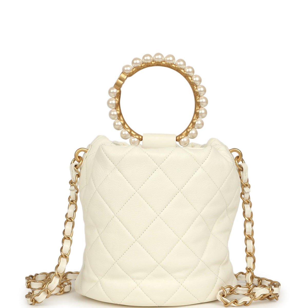 Pre-owned Chanel Mini Pearl Top Handle Bucket Bag White Calfskin Antique Gold Hardware
