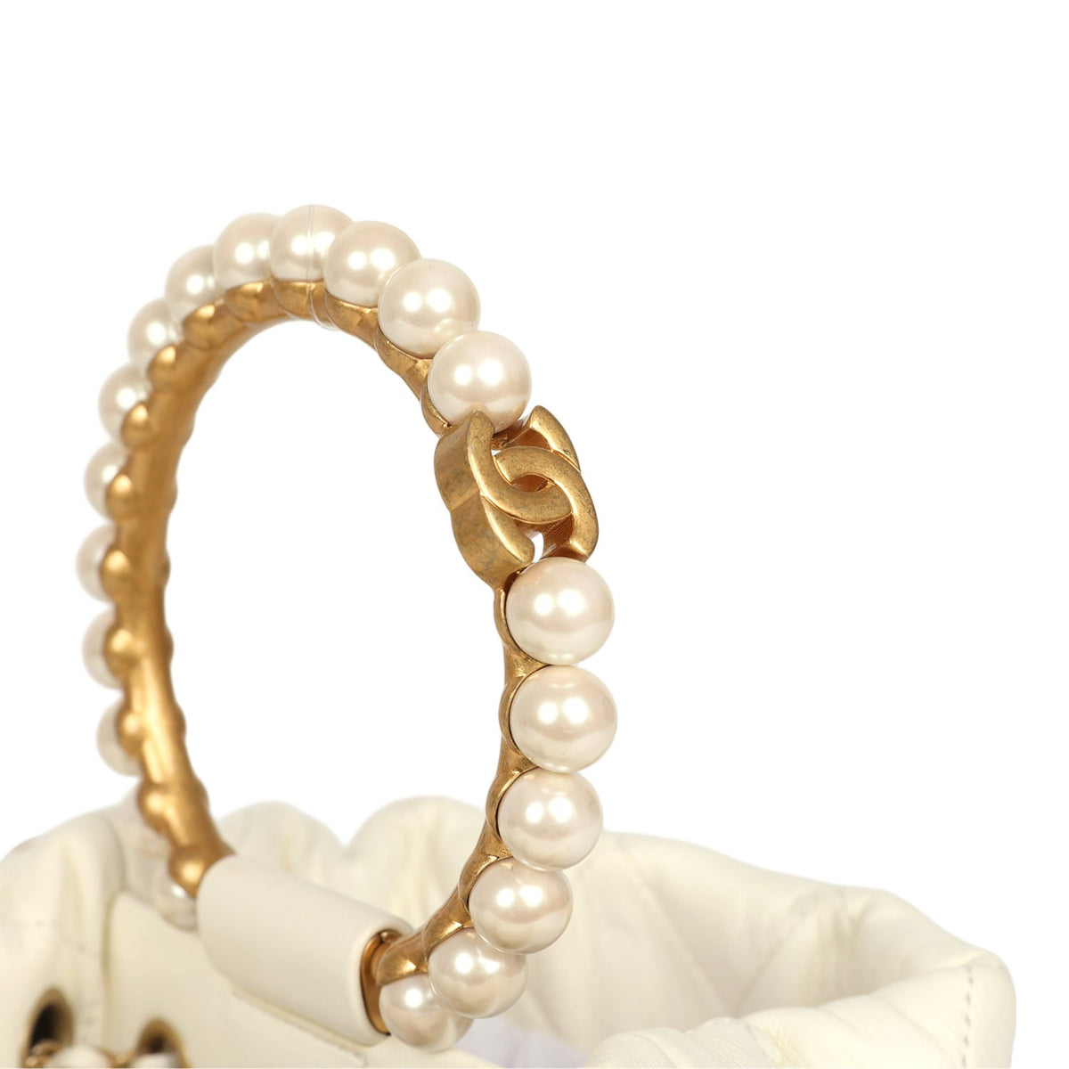 Pre-owned Chanel Mini Pearl Top Handle Bucket Bag White Calfskin Antique Gold Hardware