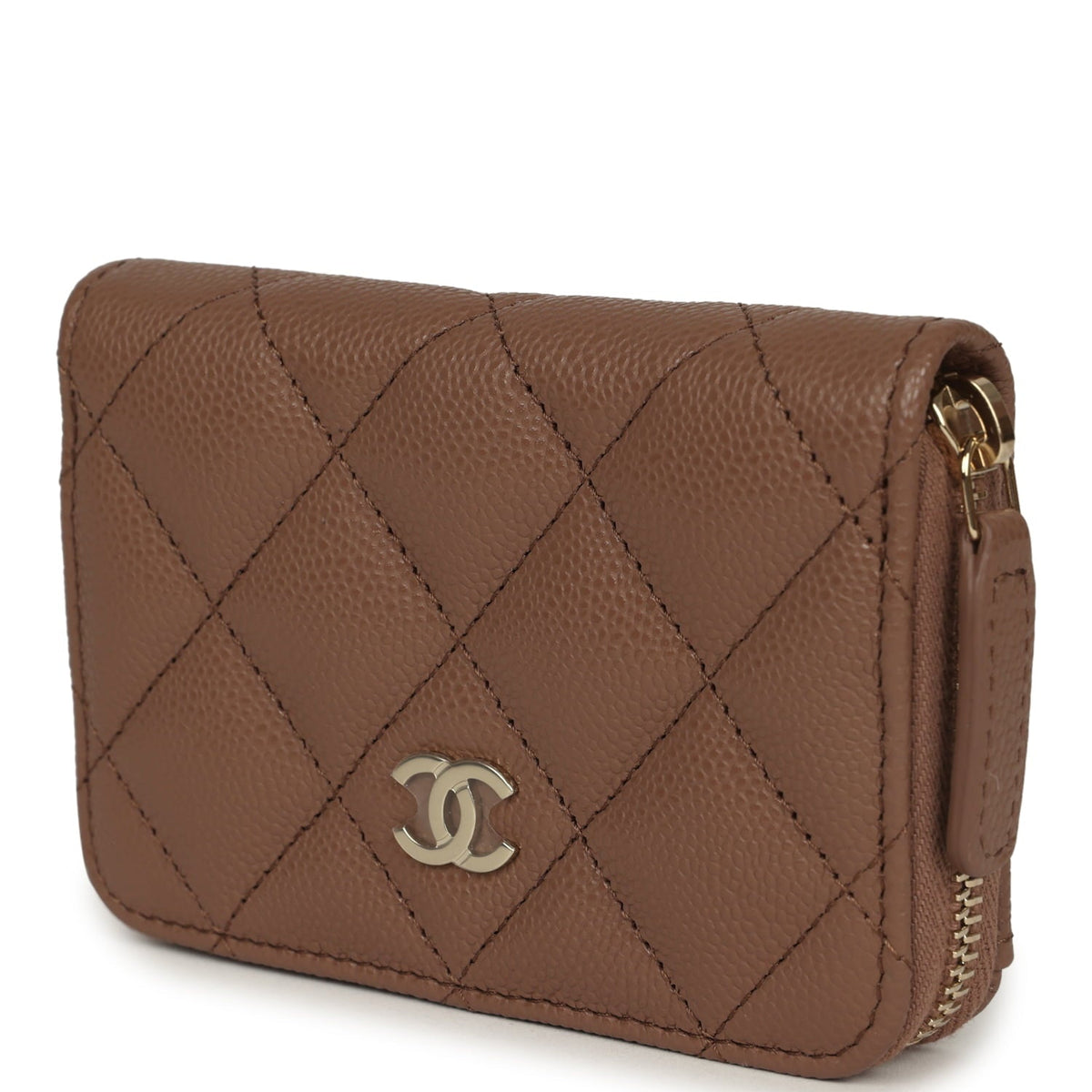 Chanel Classic Zipped Coin Purse Wallet Brown Shiny Caviar Light Gold Hardware