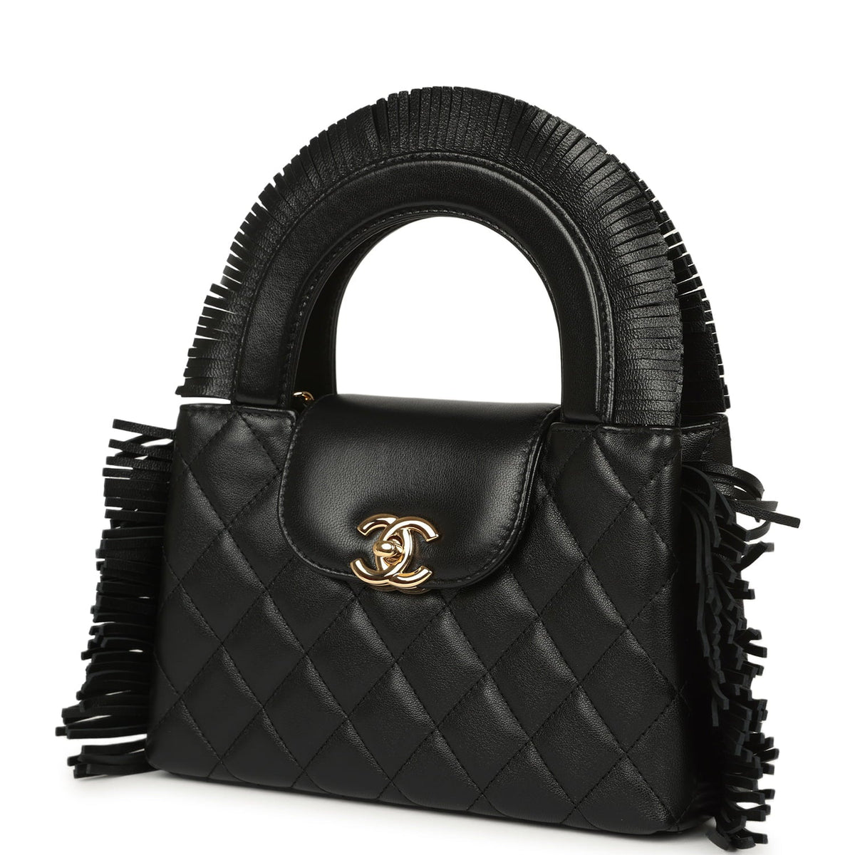 Chanel Small Fringe Kelly Black Lambskin Gold Hardware
