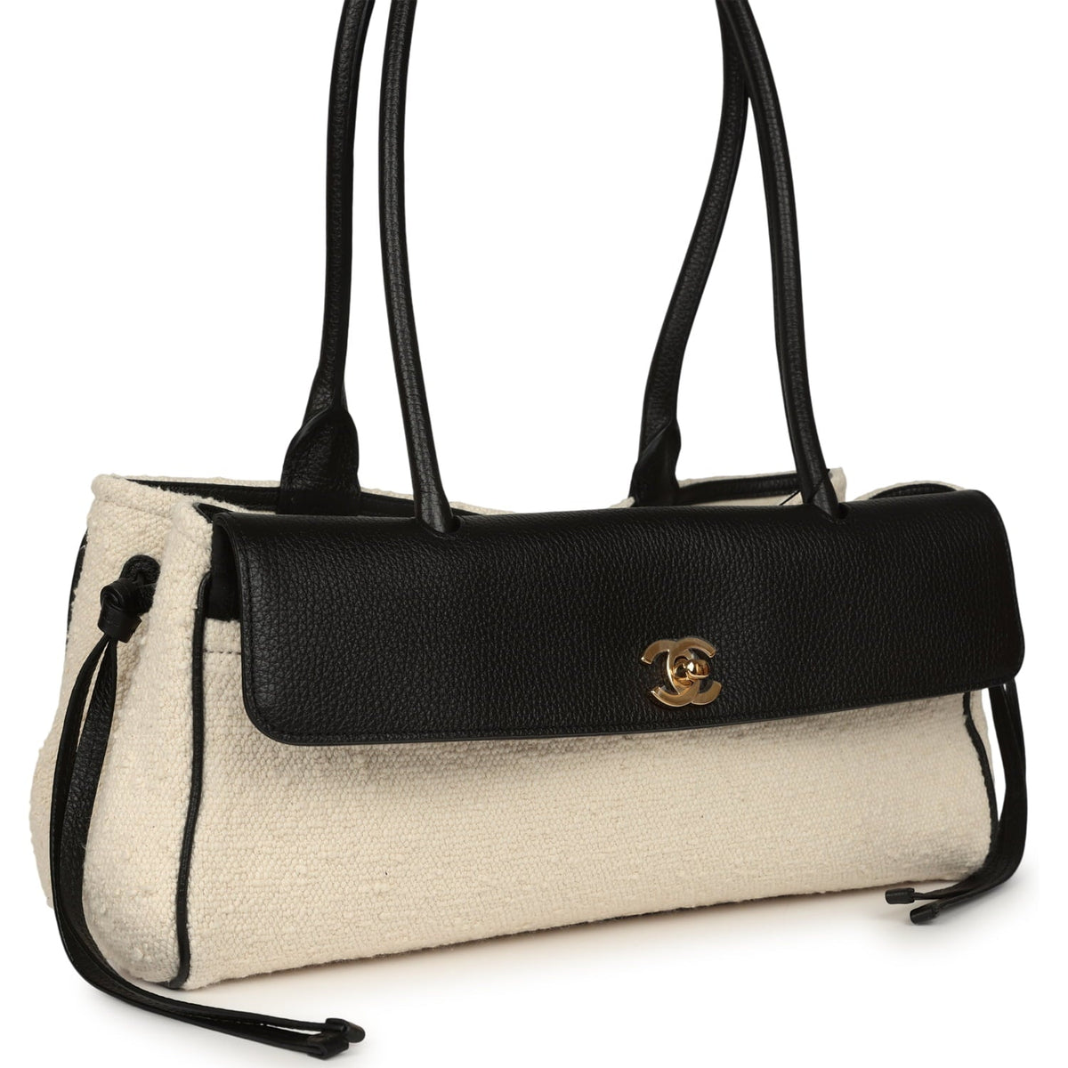 Chanel Small "Urban Essential" East West Shopping Tote Black Calfskin and White Tweed Boucle Gold Hardware