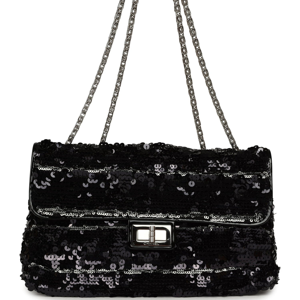 Pre-owned Chanel Medium Striped Reissue Flap Bag Black, Silver Sequin and Patent Silver Hardware
