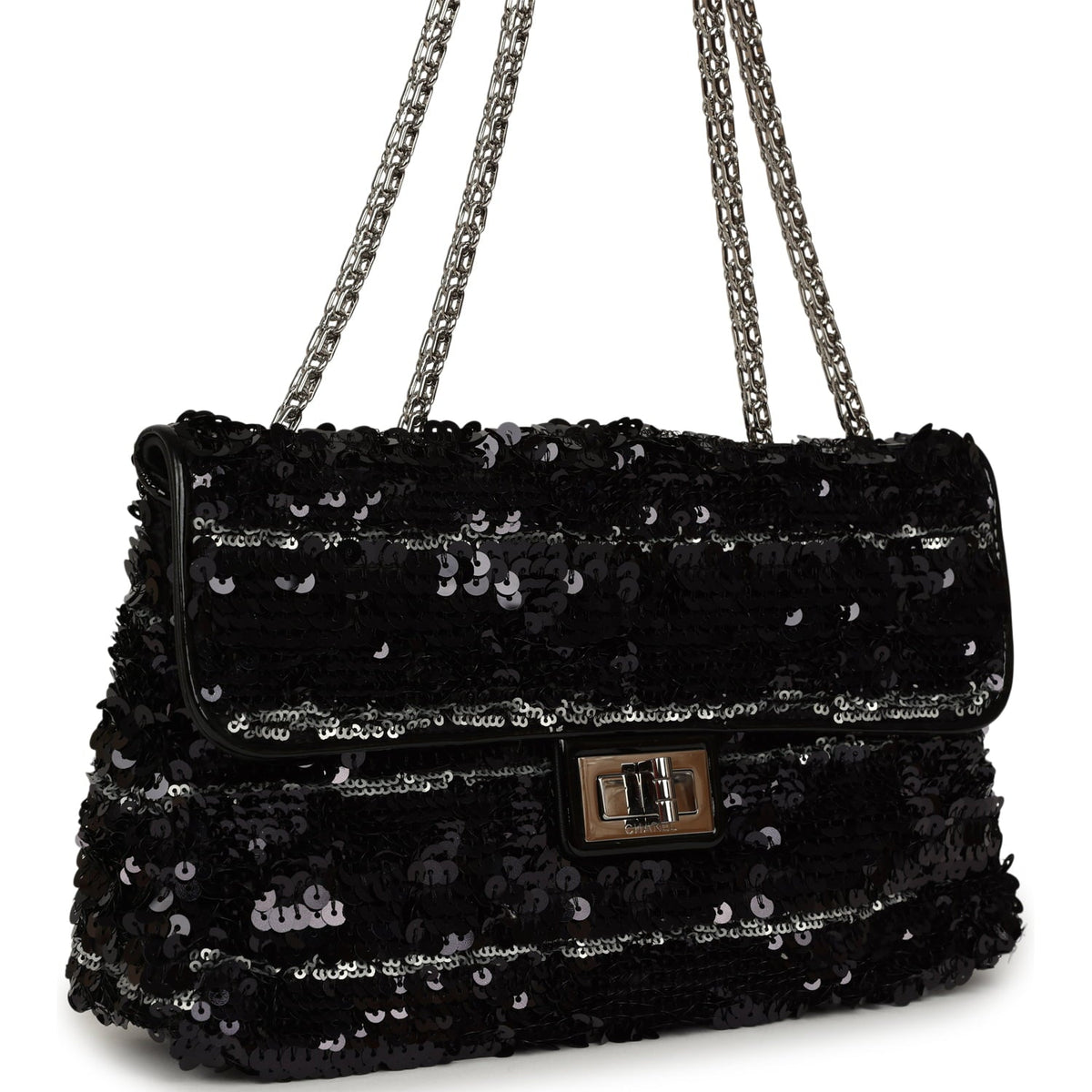 Pre-owned Chanel Medium Striped Reissue Flap Bag Black, Silver Sequin and Patent Silver Hardware